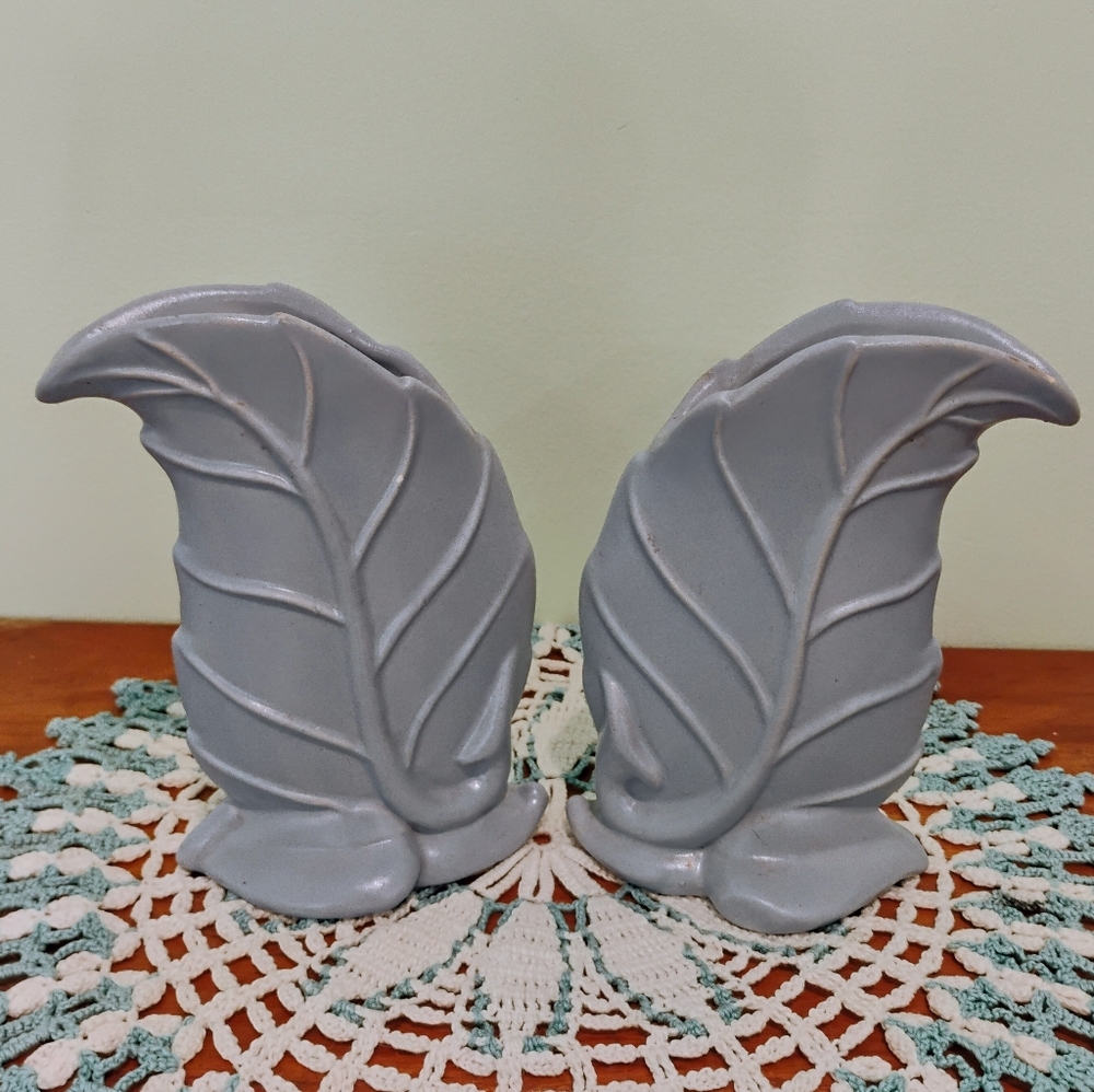 Vintage MCM Royal Haeger Pottery Leaf Vases - Dusky Periwinkle Blue